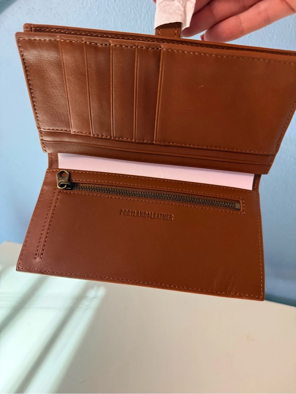Portland Leather vintage Tan Leather Long Wallet with Gold-Tone H Closure.